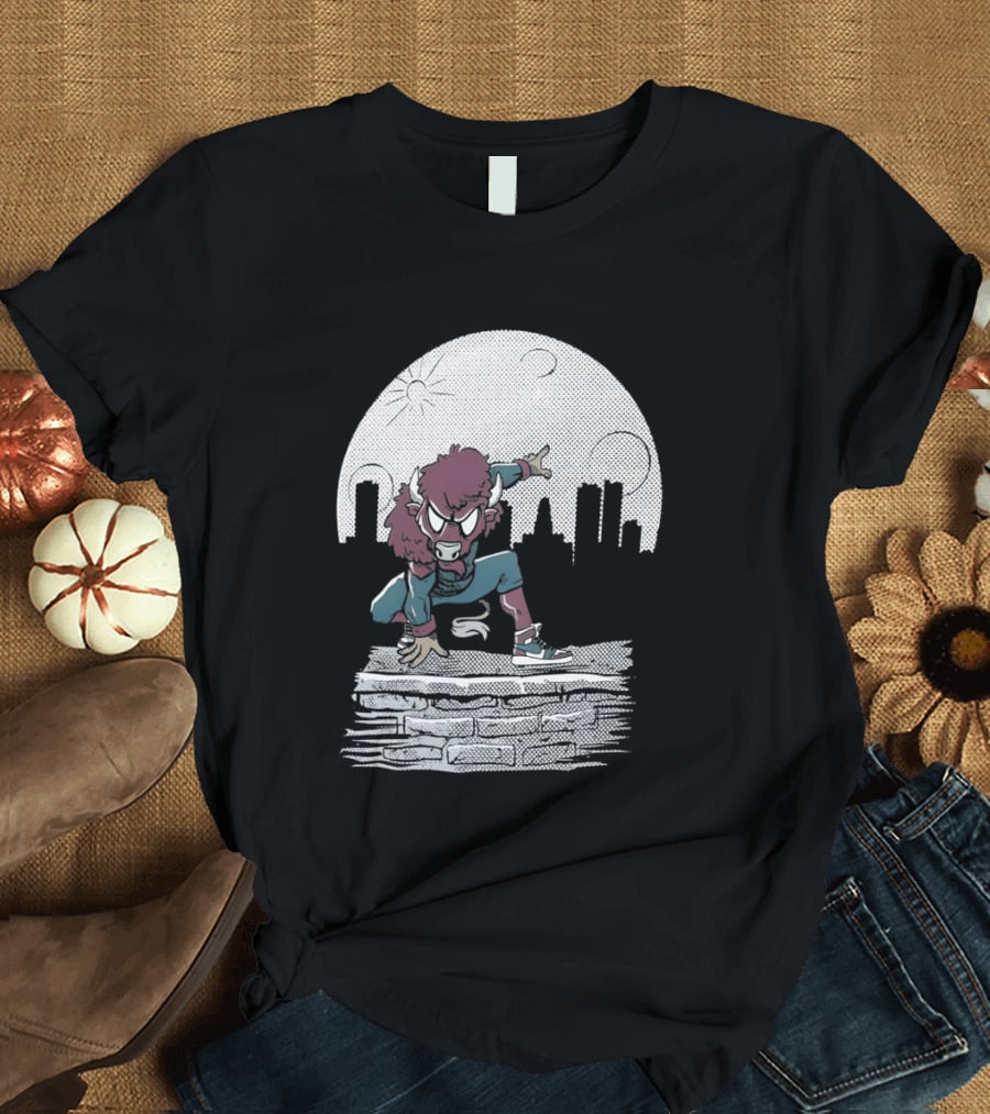 Bison Be A Hero Buffalo Bills Cityscape Dynamic Pose T-Shirt
