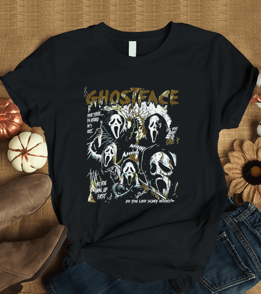 Ghostface Scream Splatter Poor Steve I'm Afraid He's Out T-Shirt