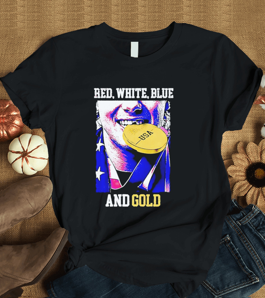 Red White Blue And Gold USA Hockey 2026 Winter Olympics Jack Hughes T-Shirt