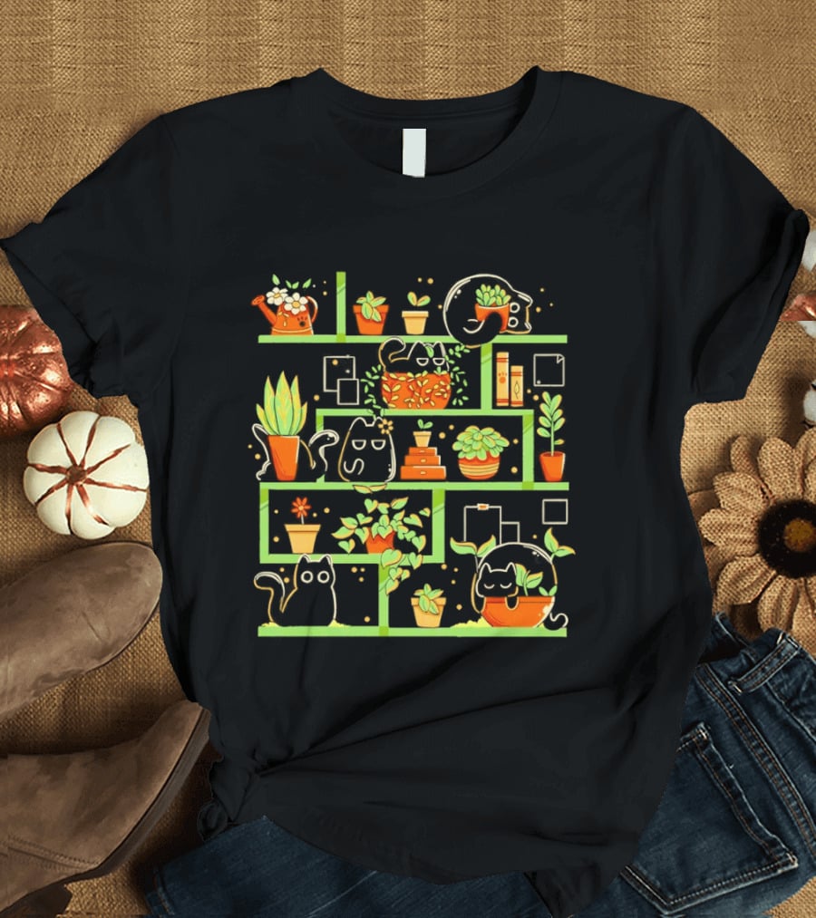 Kitten Garden Shelving With Plants And Teapots T-Shirt