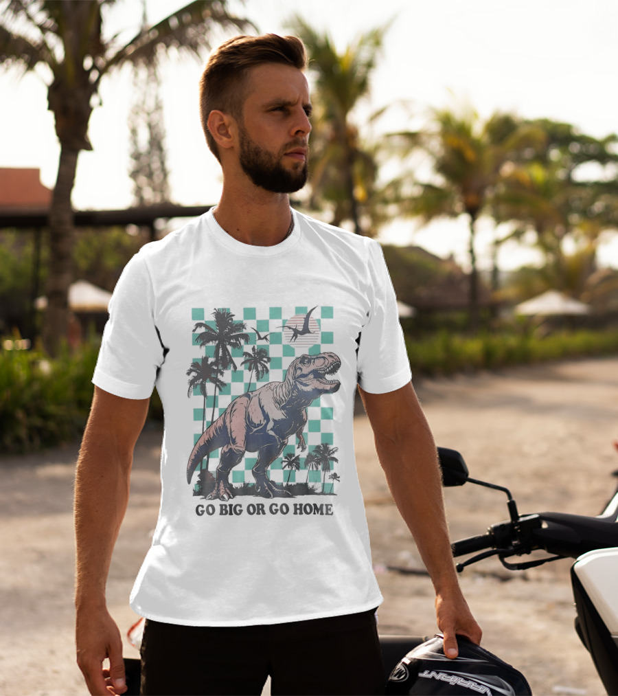 Tyrannosaurus Rex Go Big Or Go Home Palm Trees Checkerboard Sunset T-Shirt