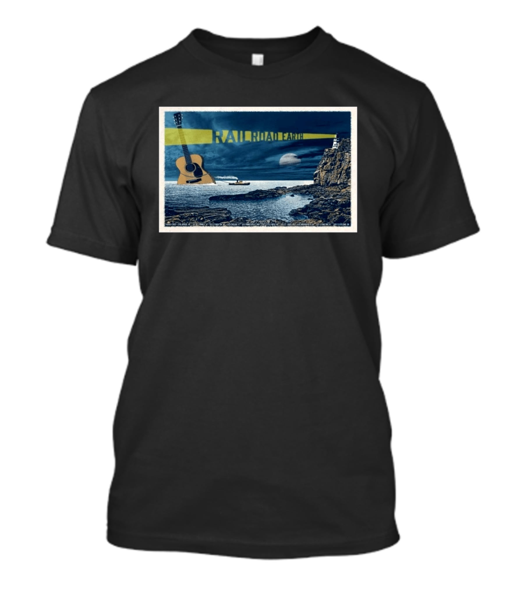 Railroad Earth March 10 2026 Tour Omaha NE Lighthouse Guitar Moonlit Ocean Scene T-Shirt