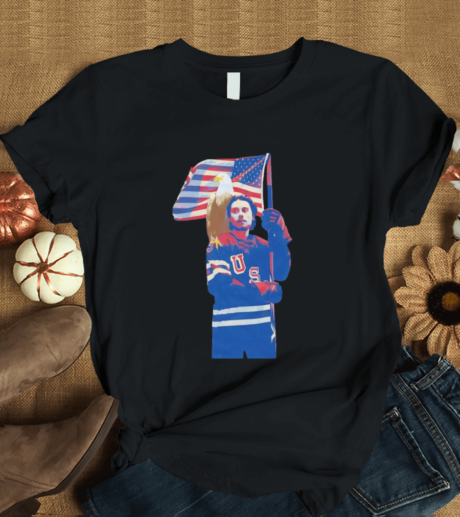 USA Hockey Jack Hughes American Flag Bald Eagle T-Shirt