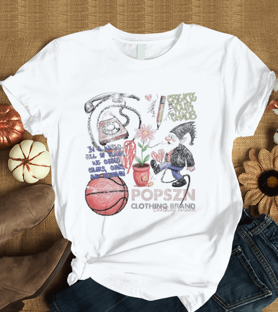 Popszn Create Your Chaos Basketball Gnome And Vintage Phone With Heart Flower T-Shirt