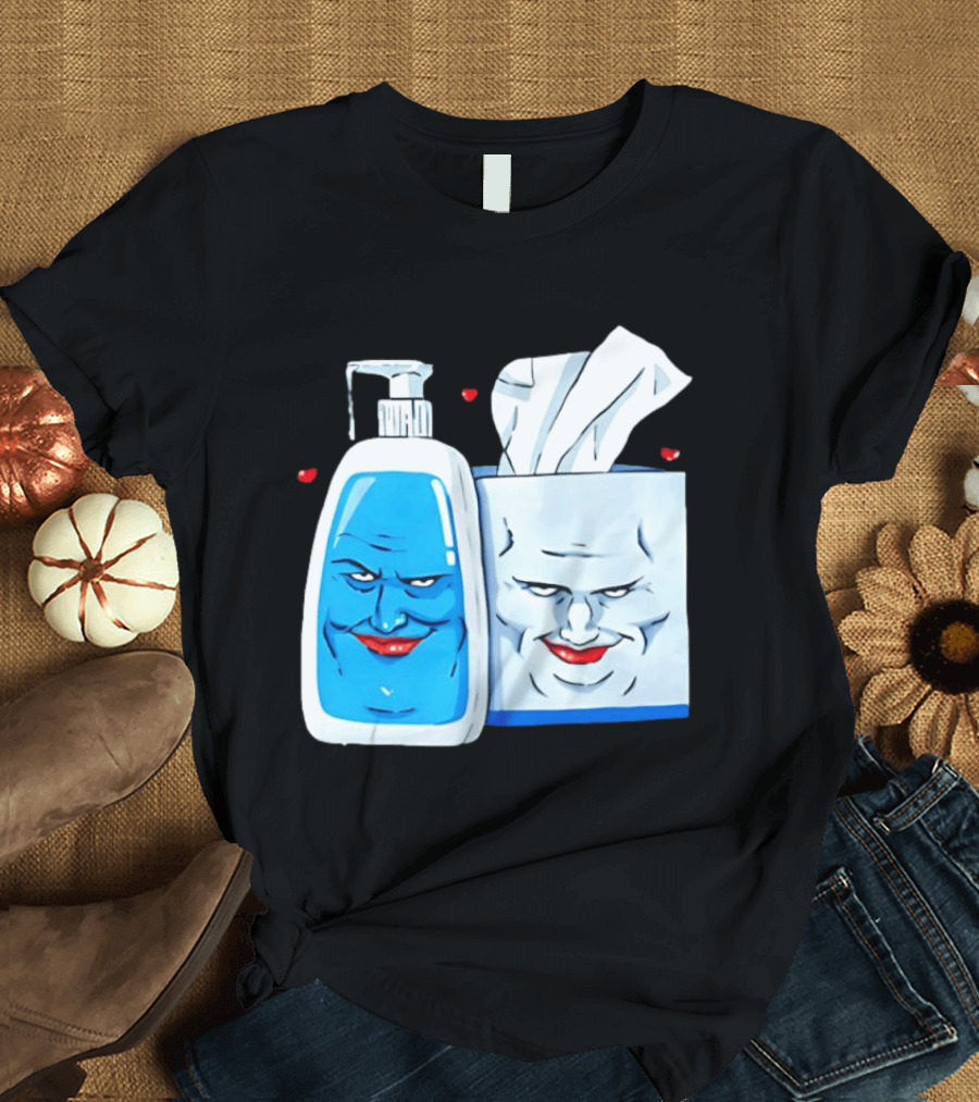 Smiling Blue Lotion Bottle And Tissue Box Meme With Red Lips And Hearts T-Shirt