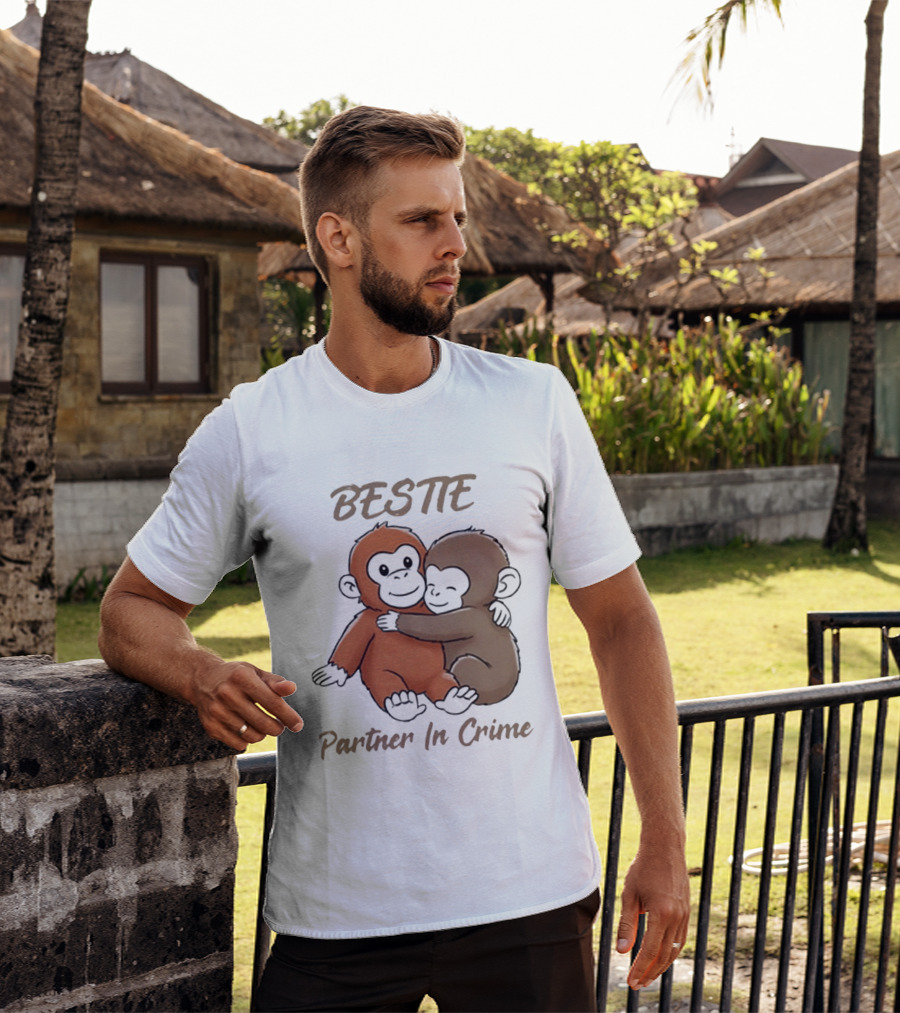 Bestie Partner In Crime Cute Monkey Hug Friendship T-Shirt