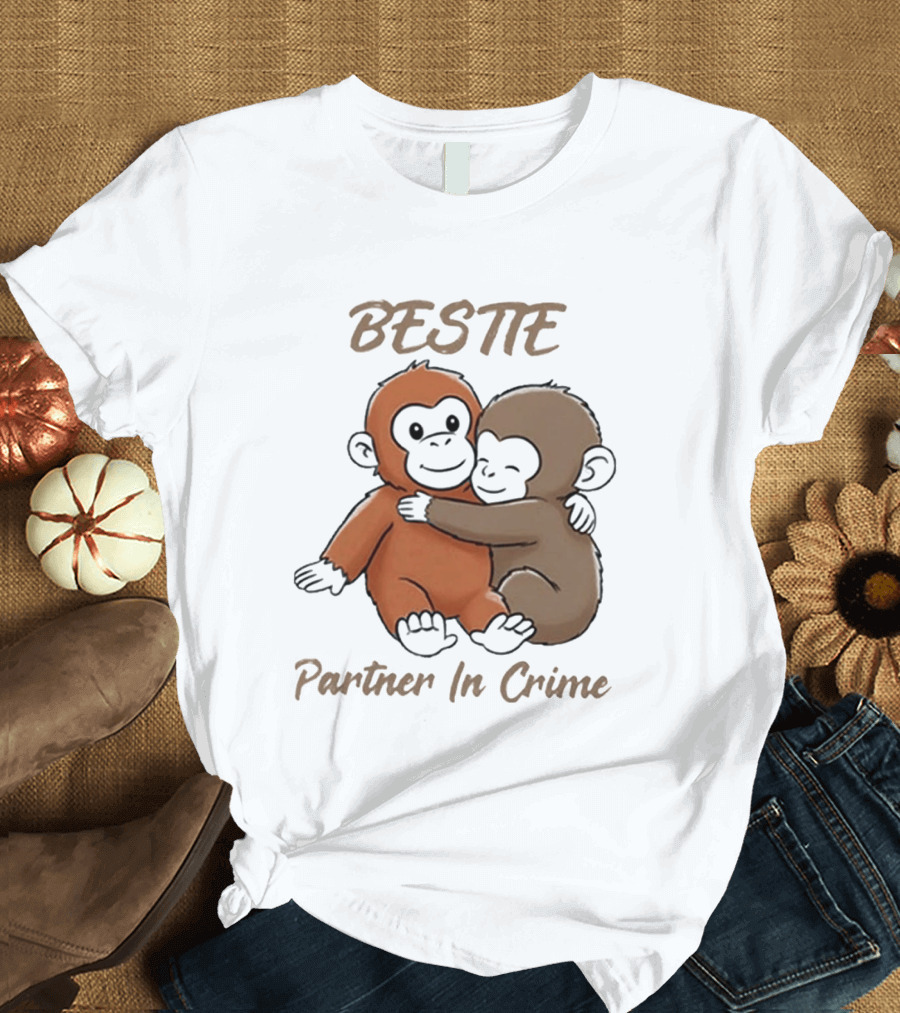 Bestie Partner In Crime Cute Monkey Hug Friendship T-Shirt