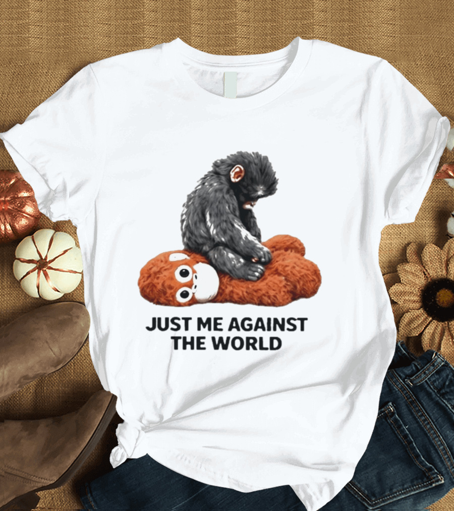 JUST ME AGAINST THE WORLD Gorilla Plush Toy Sitting On Panda T-Shirt