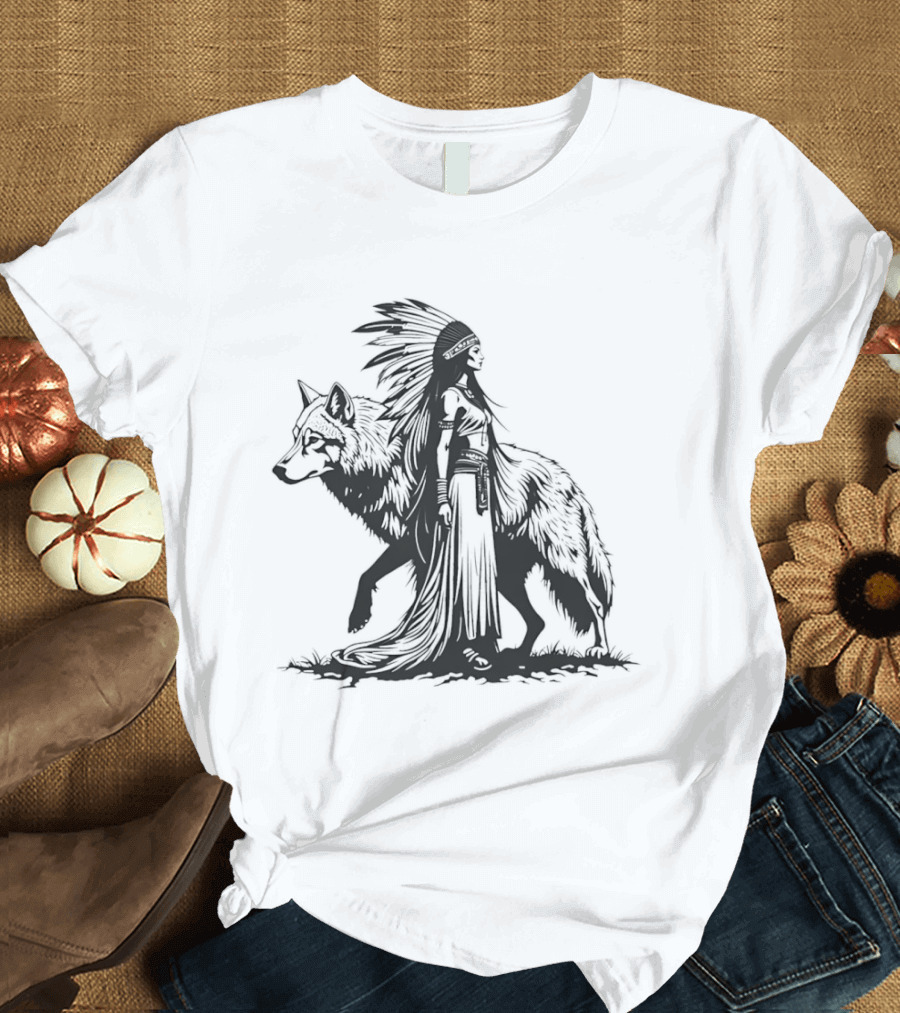 Native Woman And Wolf Connection Tribal Spirit Headdress T-Shirt