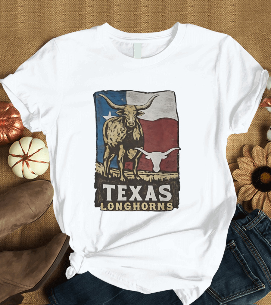 Texas Longhorns Flag Vintage Style Cow T-Shirt