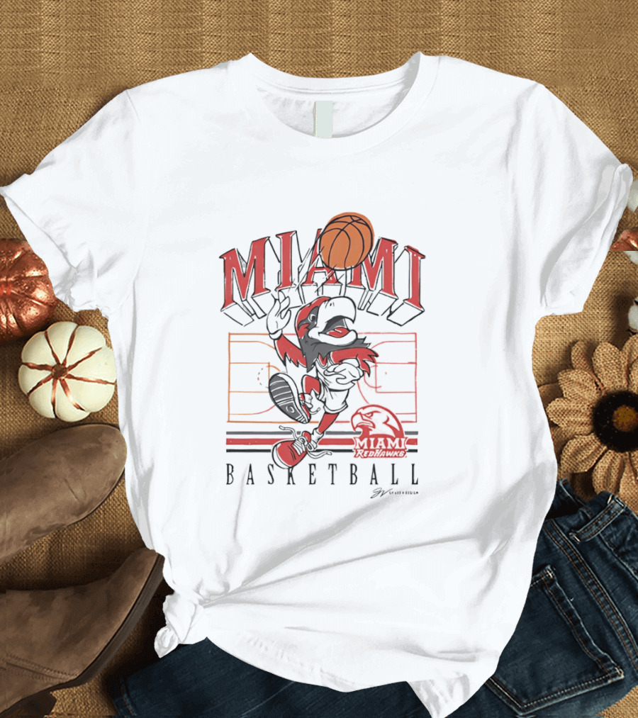 Miami RedHawks Basketball Court Happy Swoop Dunking Bird T-Shirt