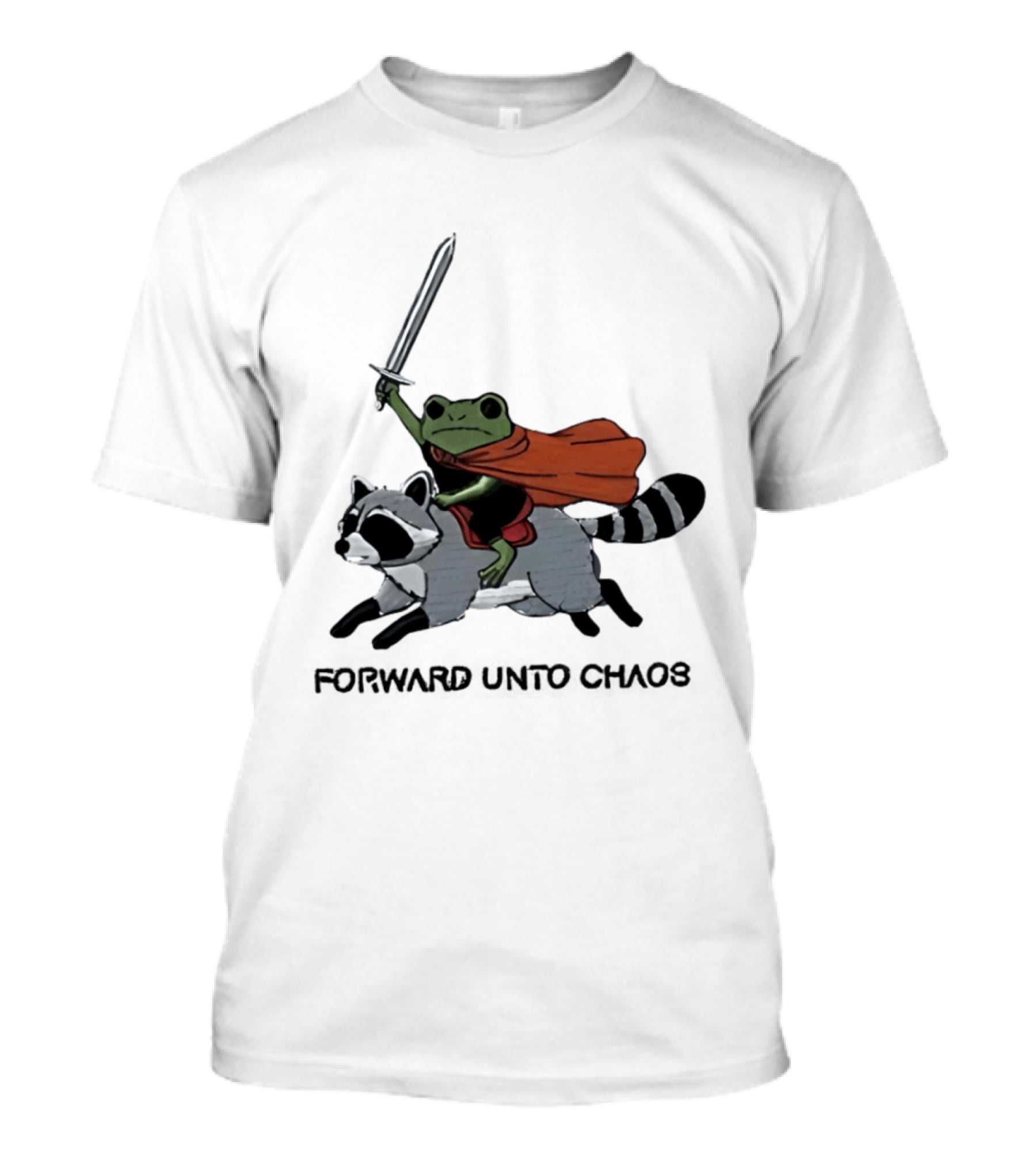 Embroidered Sword Wielding Frog Riding Raccoon Forward Unto Chaos T-Shirt