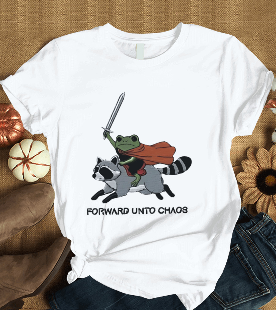 Embroidered Sword Wielding Frog Riding Raccoon Forward Unto Chaos T-Shirt