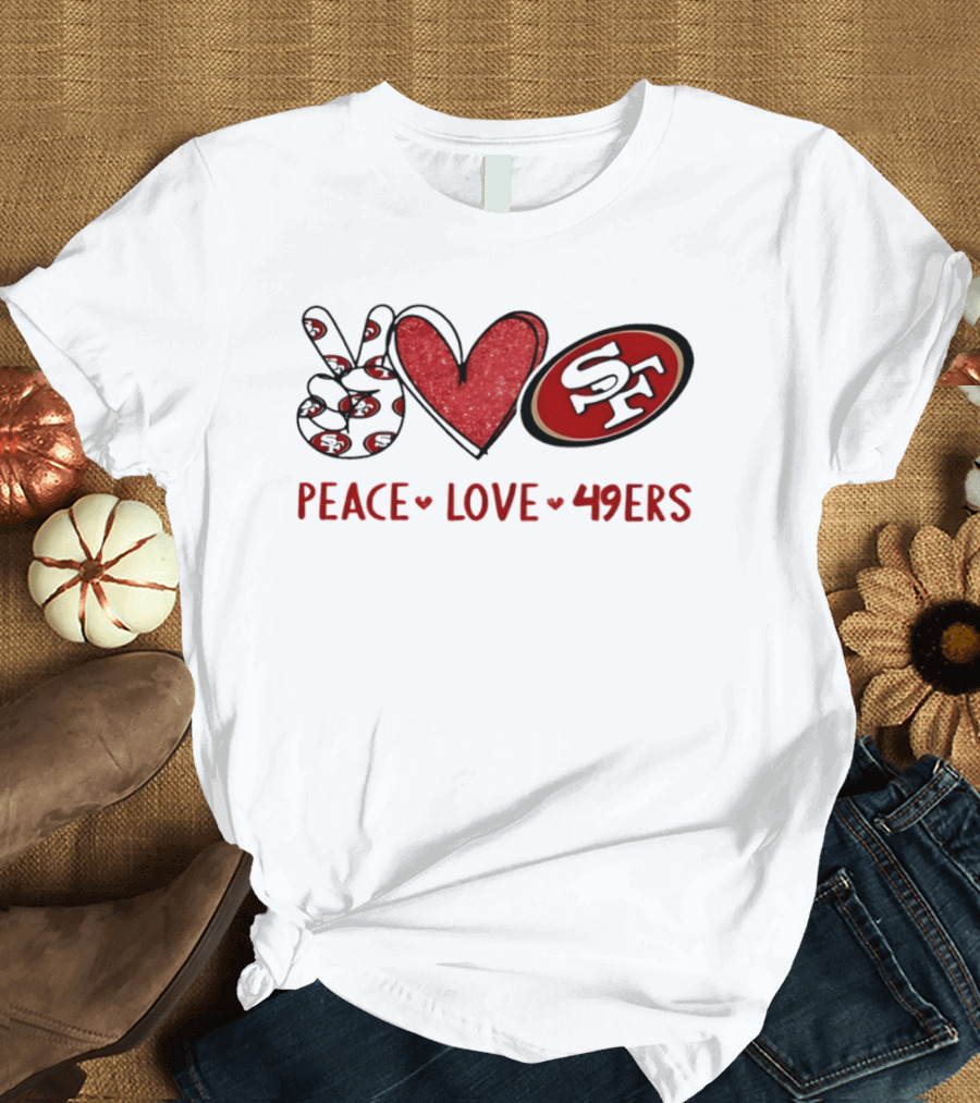 PEACE LOVE 49ERS SF Football Team Logo Heart T-Shirt