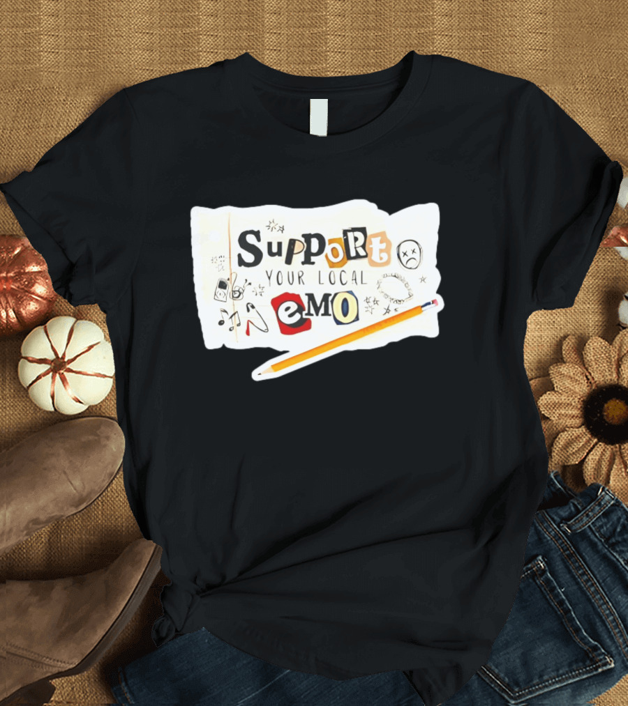 Support Your Local Emo Cutout Style With Pencil And Emojis T-Shirt