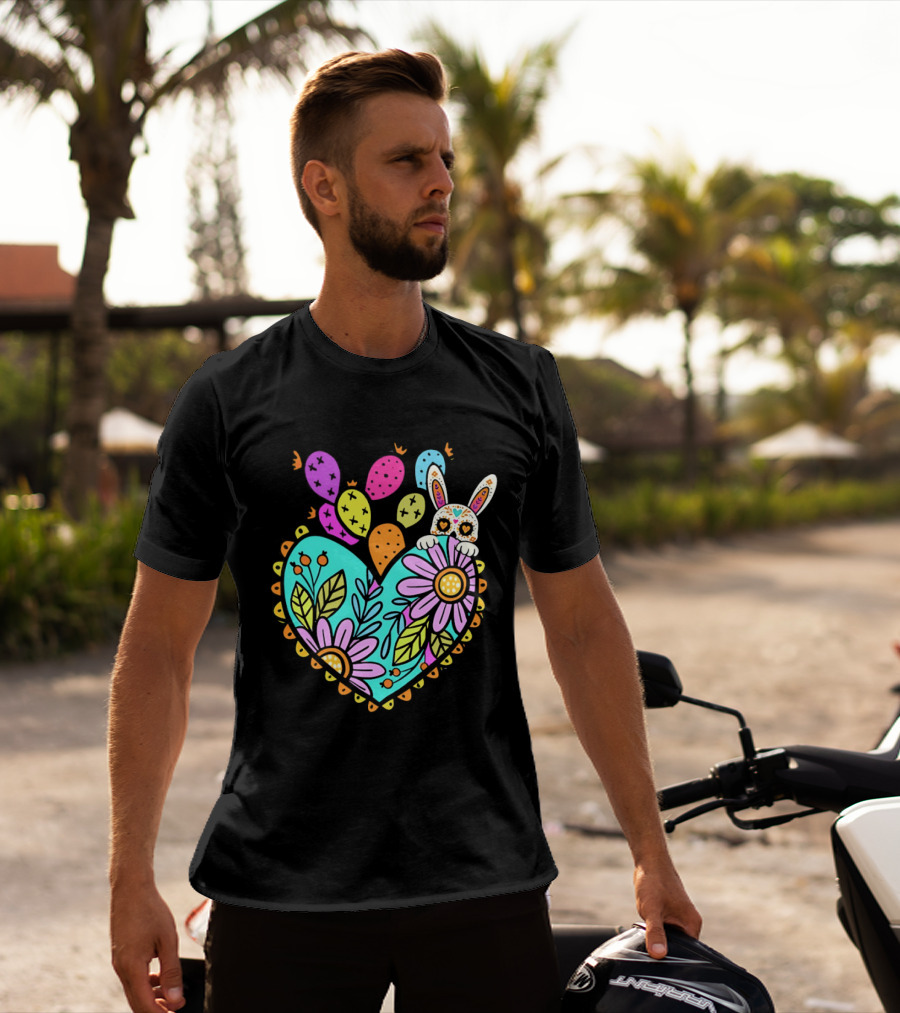 Easter Day Rabbit Holding Heart Sagrado Corazon Floral Bunny Balloons T-Shirt
