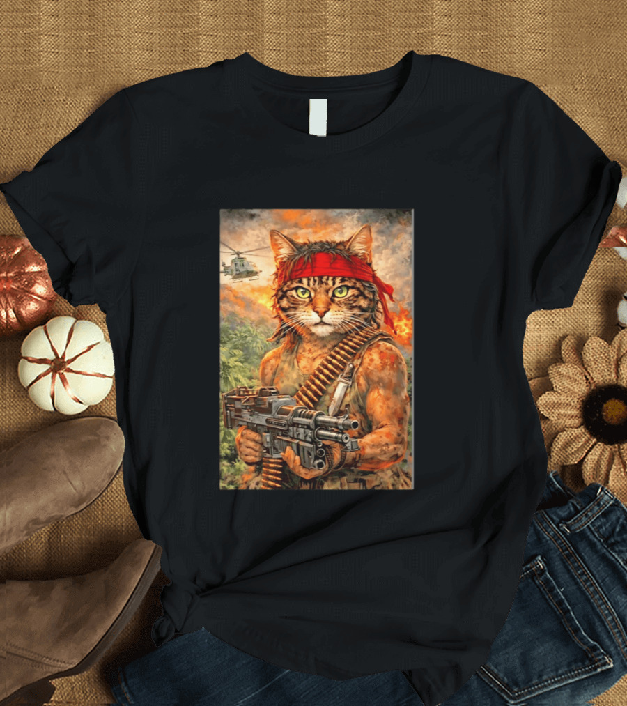 Rambo Cat With MG 3 Gun On Battlefield With Helicopter And Jungle Backdrop T-Shirt