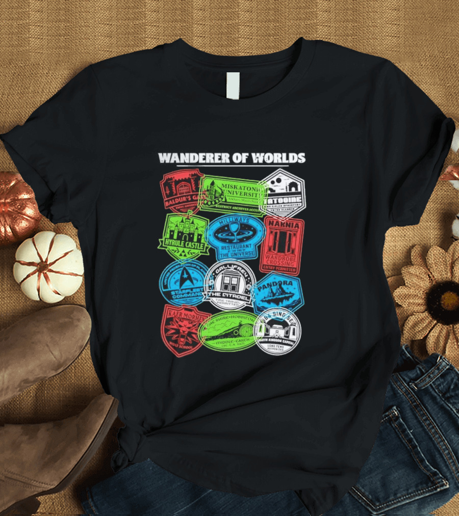 Wanderer Of Worlds Travel Stamps Baldur's Gate Miskatonic Hyrule Middle Earth Narnia T-Shirt