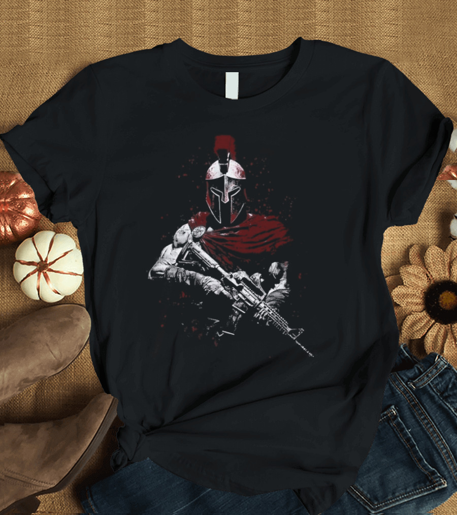 Warrior Ethos Holding Gun Wearing Spartan Helmet Blood Red Cape T-Shirt