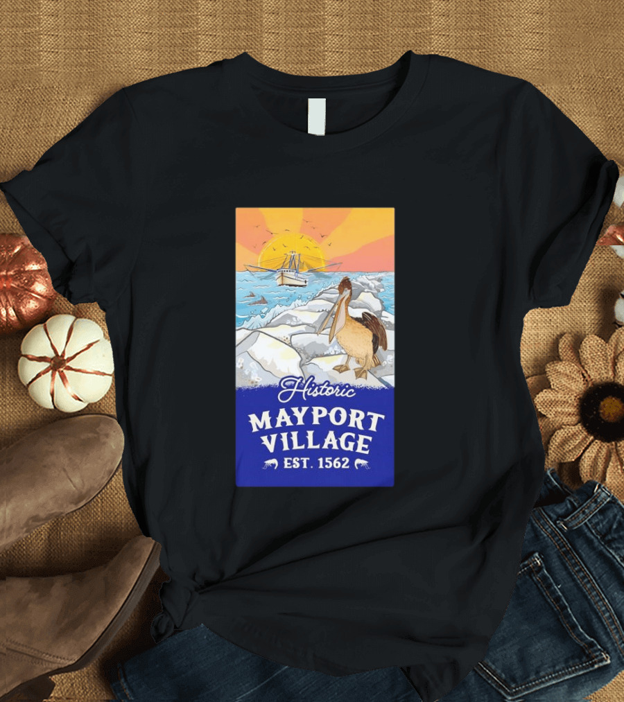 Historic Mayport Village EST 1562 Ocean Sunrise Pelican And Fishing Boat T-Shirt