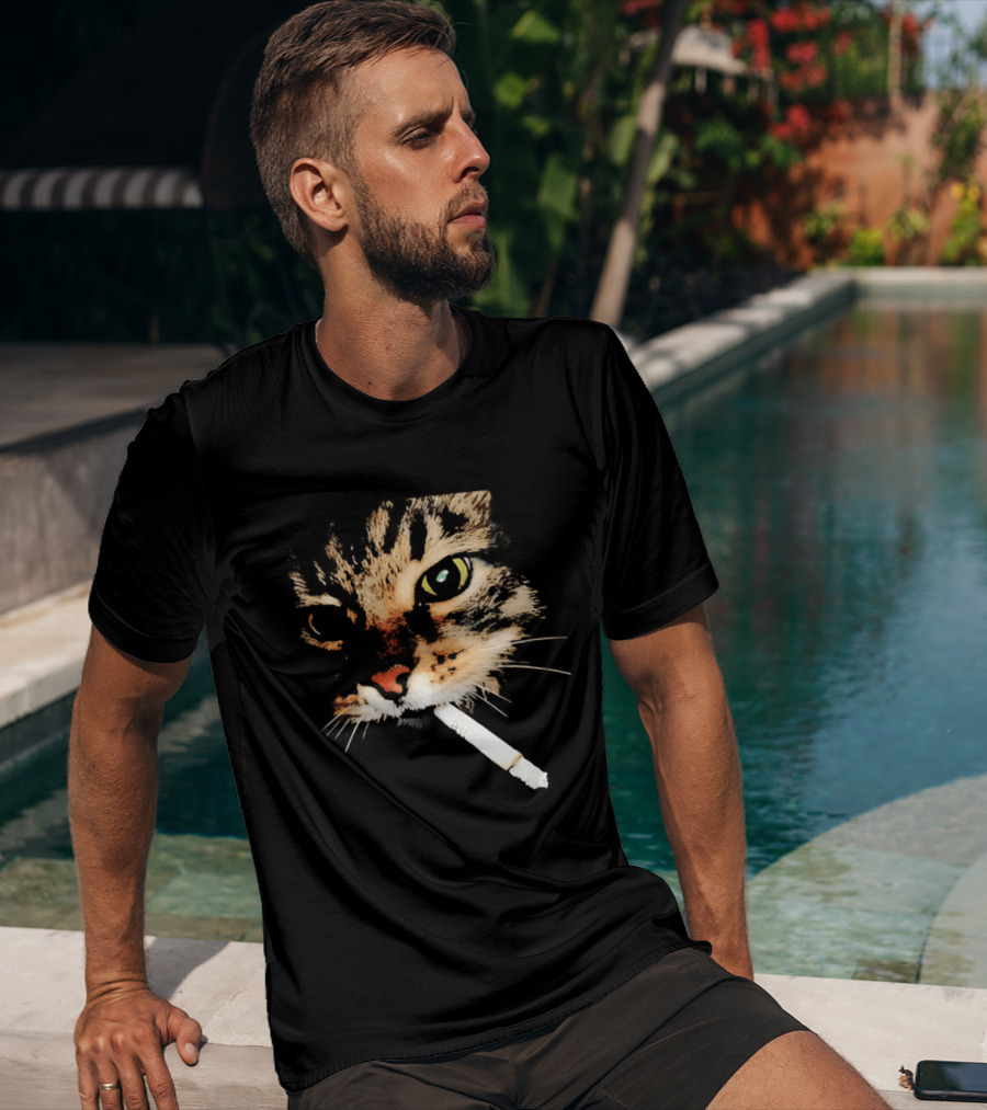 Cat Smoking Big Head Meme Artfully Distorted Feline Expression T-Shirt
