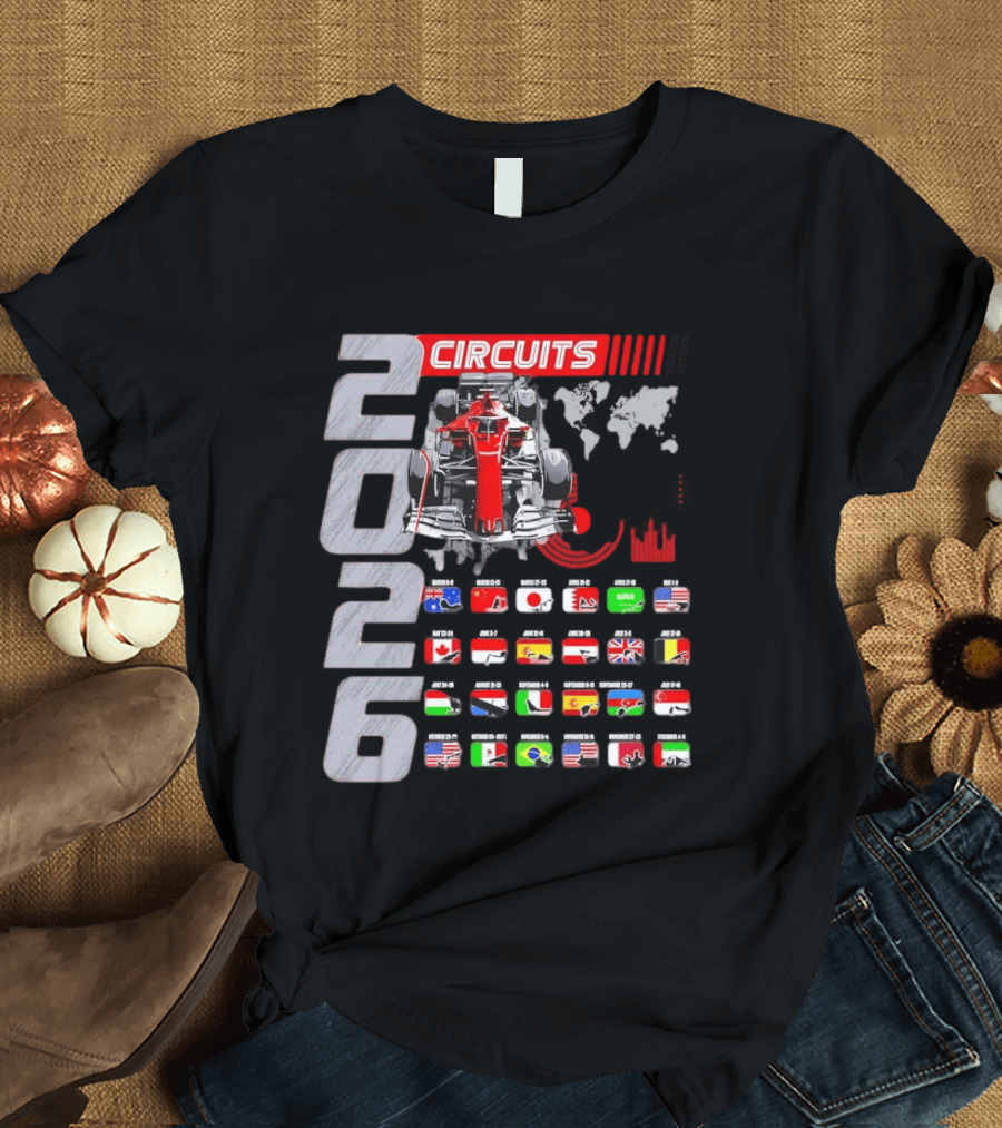 2026 Formula Racing Car Circuit Calendar With Country Flags T-Shirt
