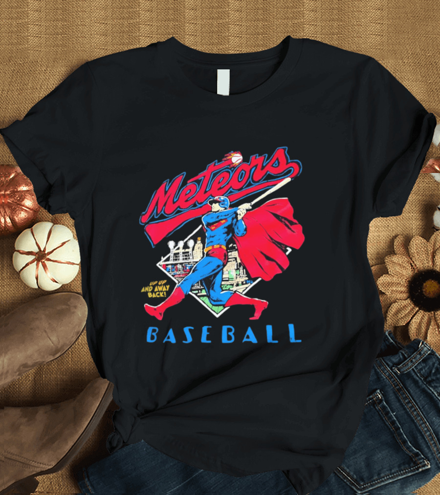 Meteors Baseball Superhero Swinging Bat Power City Stadium Iconic Comic T-Shirt