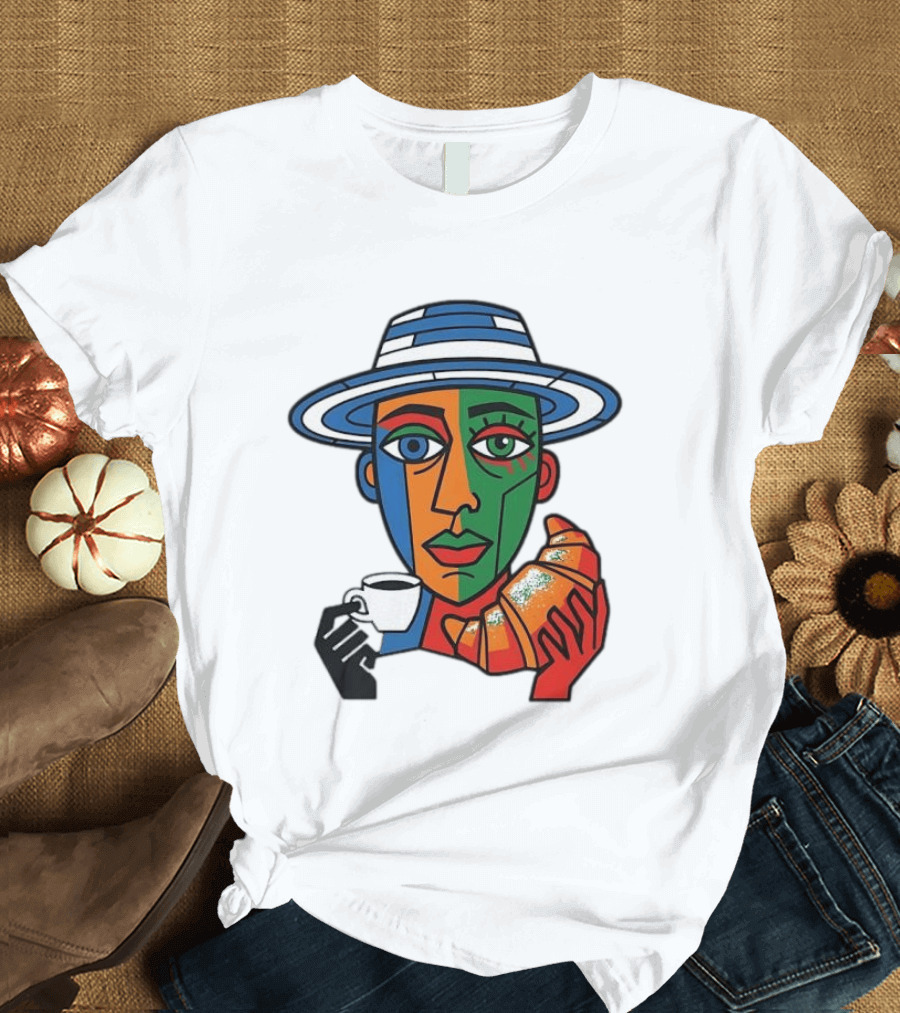 Cubist Coffee Drinker With Hat And Croissant T-Shirt