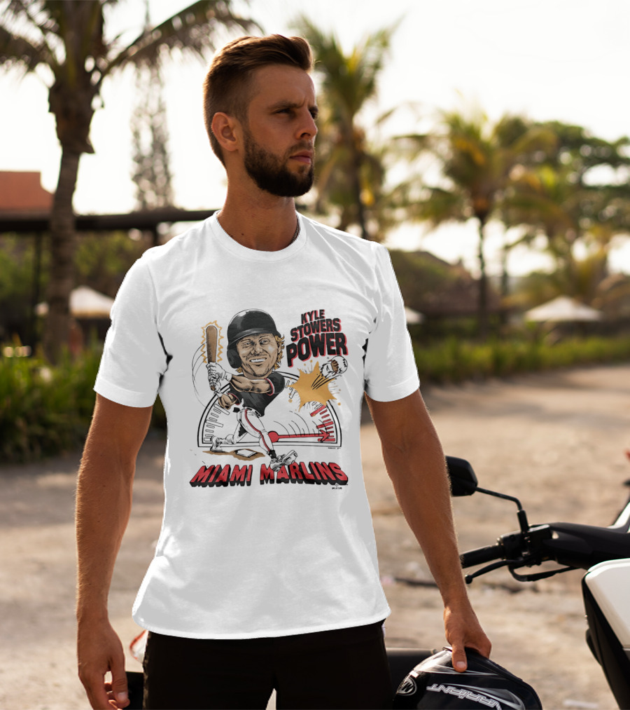 Kyle Stowers Power Miami Marlins Caricature Baseball Swing T-Shirt