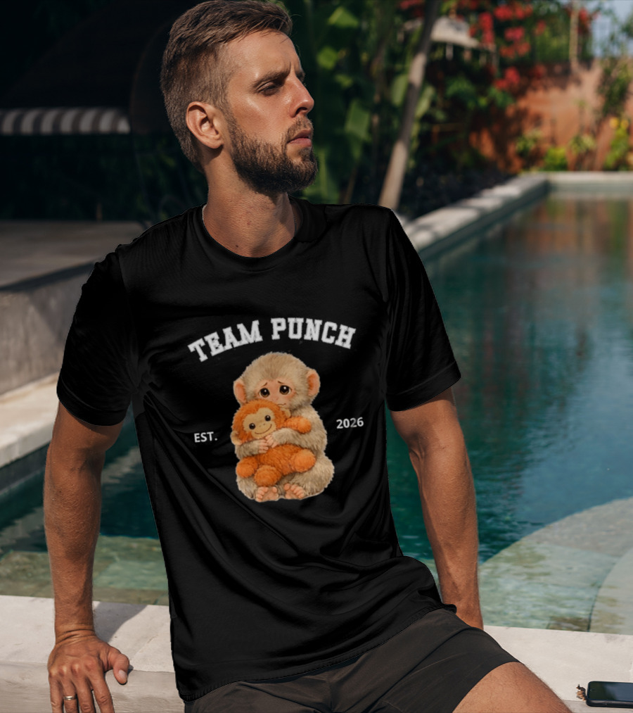 Team Punch Monkey EST 2026 Cute Baby Monkey Holding Plush Toy T-Shirt