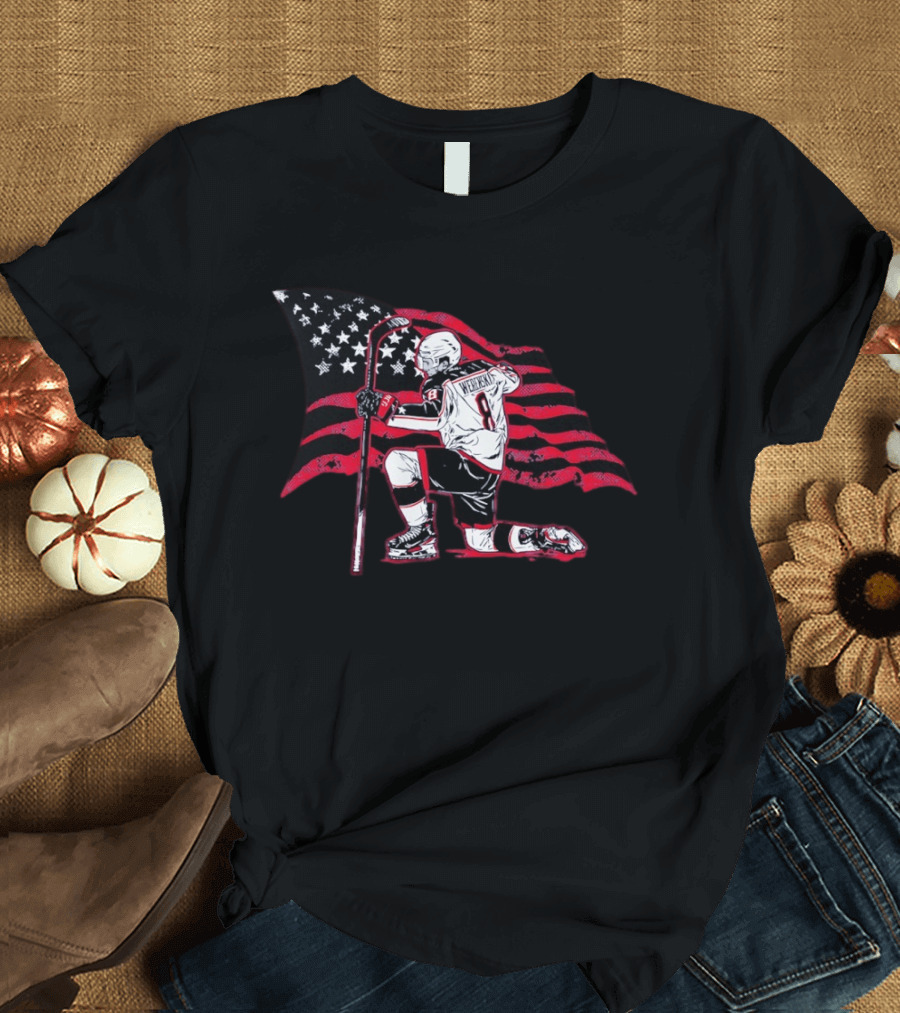 Zach Werenski 8 Columbus Blue Jackets Kneeling Pose American Flag Hockey T-Shirt