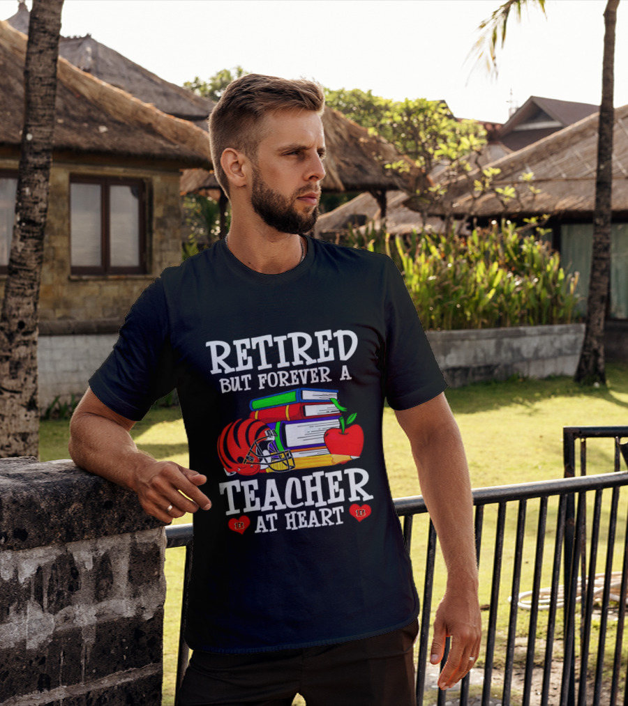 Retired But Forever A Teacher At Heart With Books Helmet And Apple T-Shirt
