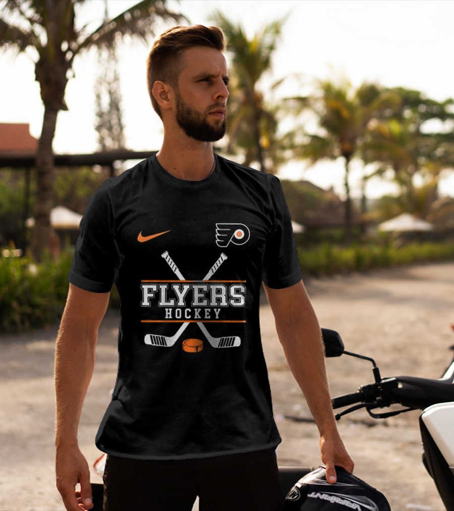 Philadelphia Flyers Nike Hockey Crossed Sticks And Puck T-Shirt