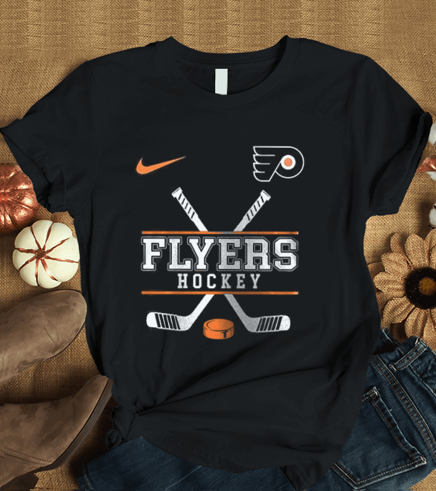 Philadelphia Flyers Nike Hockey Crossed Sticks And Puck T-Shirt