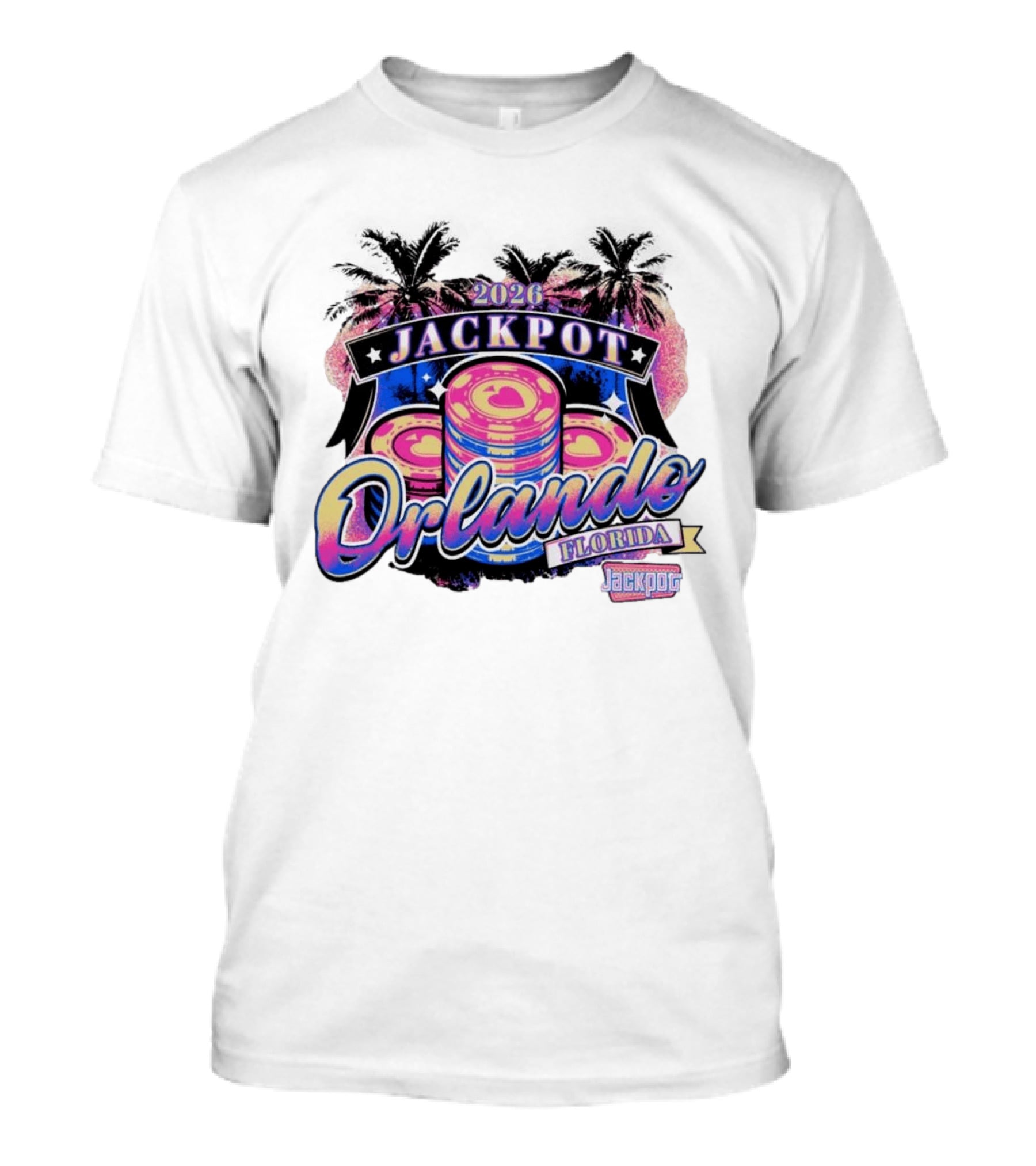 2026 Jackpot Orlando Florida Event With Palm Trees And Poker Chips T-Shirt