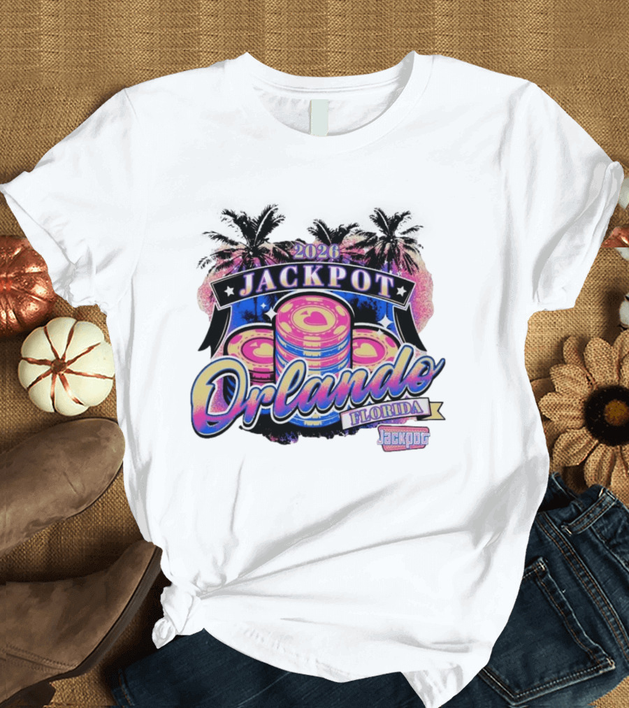 2026 Jackpot Orlando Florida Event With Palm Trees And Poker Chips T-Shirt