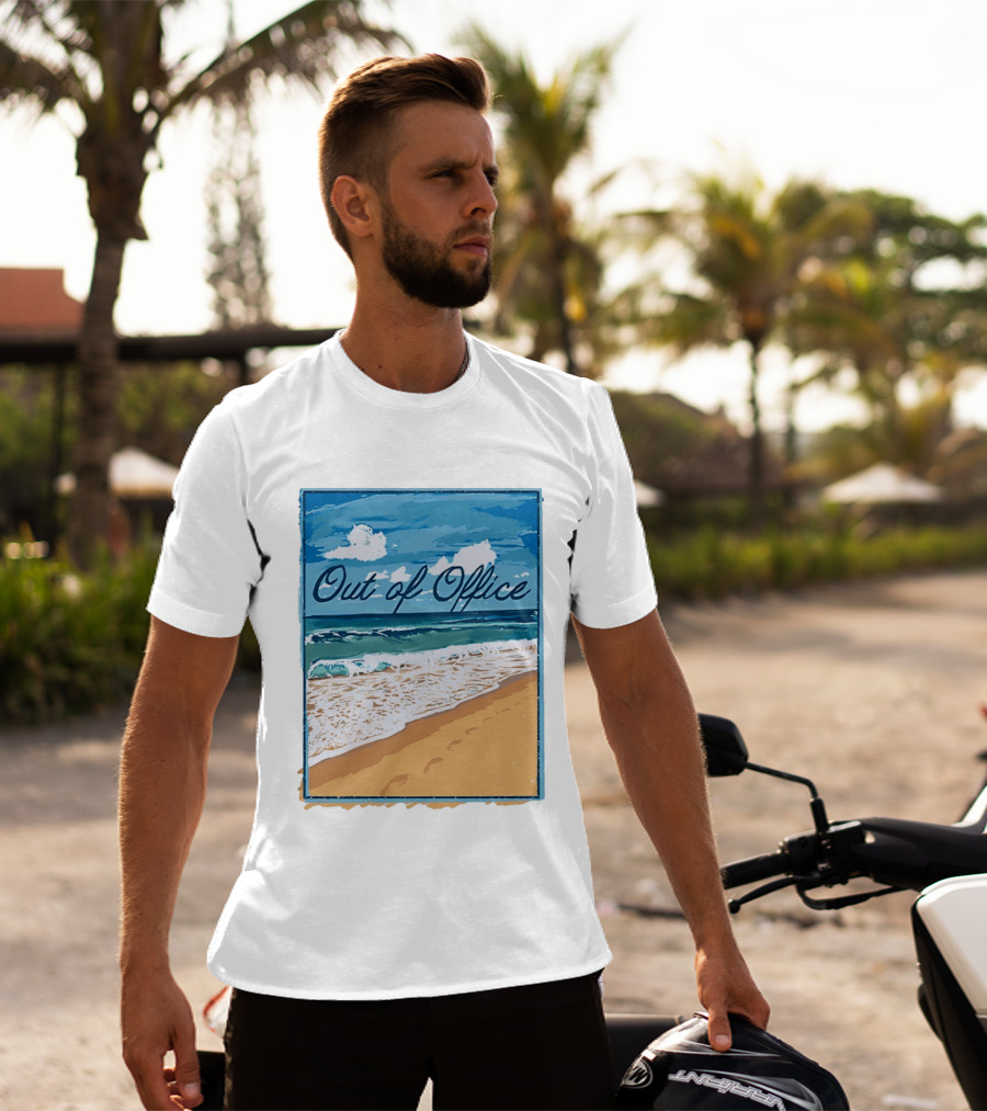 Out Of Office Beach Painting Photo 2025 Blue Sky Ocean Waves Sand T-Shirt