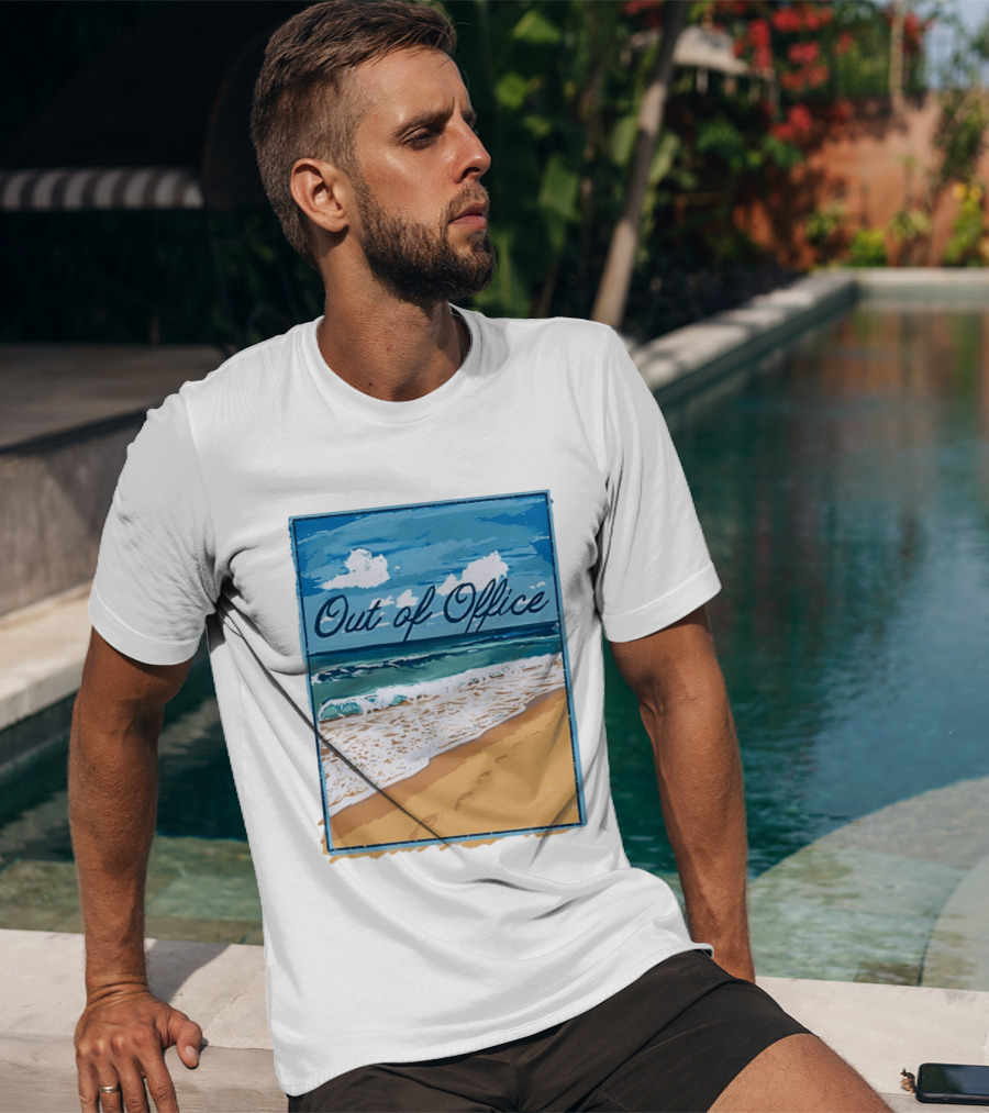 Out Of Office Beach Painting Photo 2025 Blue Sky Ocean Waves Sand T-Shirt