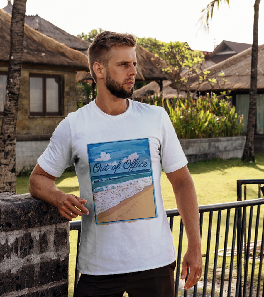 Out Of Office Beach Painting Photo 2025 Blue Sky Ocean Waves Sand T-Shirt