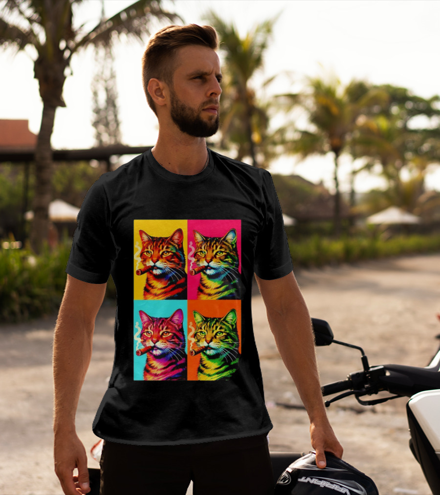 Pop Art Cat Smoking Cigar Colorful Comic T-Shirt