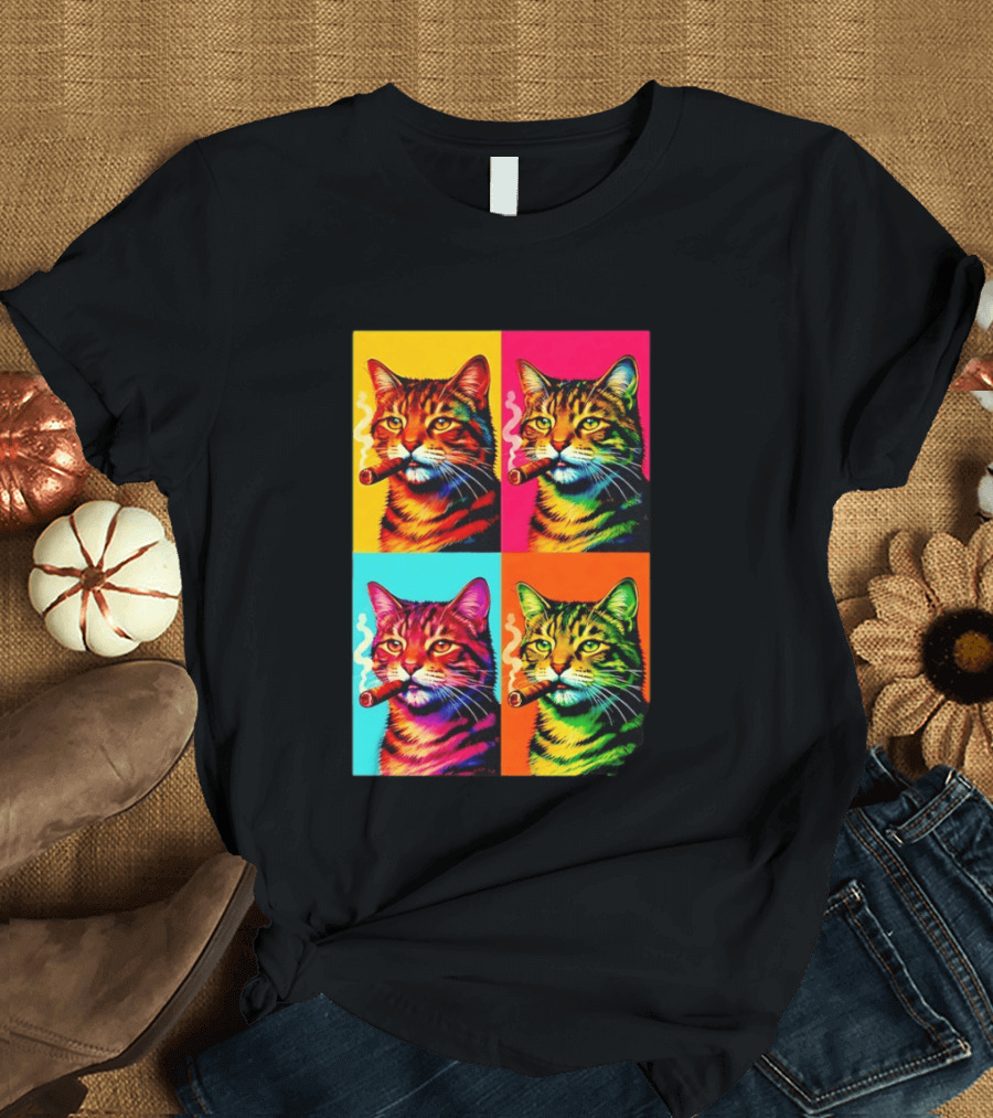 Pop Art Cat Smoking Cigar Colorful Comic T-Shirt