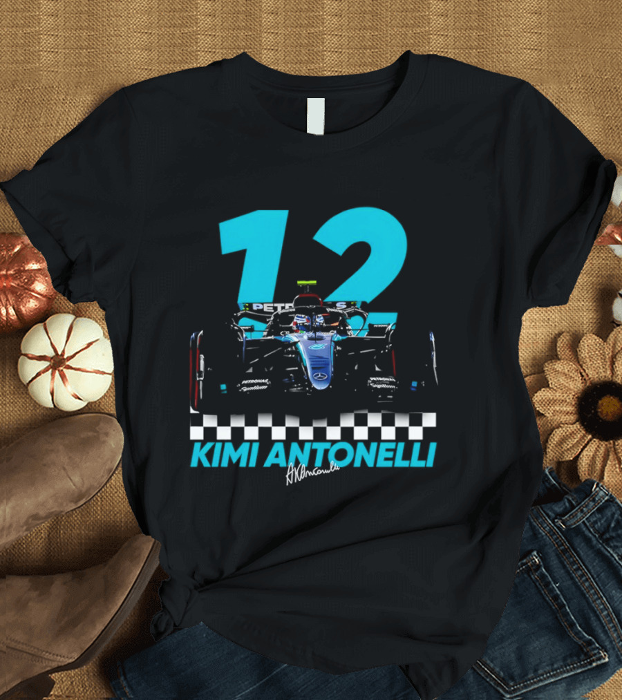 Kimi Antonelli 12 Formula One Racing Car With Checkered Flag T-Shirt