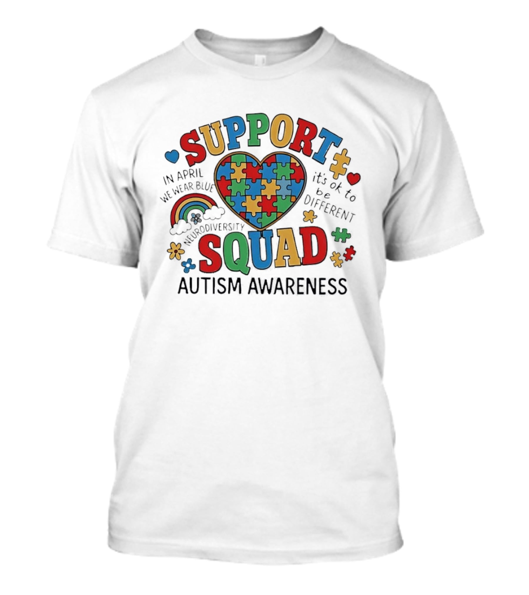 Autism Awareness Support Squad Neurodiversity Rainbow Puzzle Heart T-Shirt