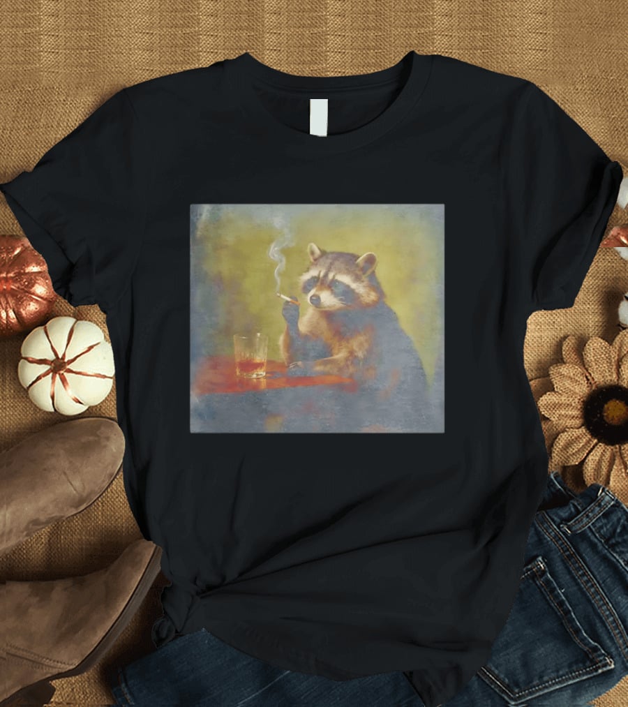 Sad Raccoon Smoking Cigarette And Drinking Whiskey Scene T-Shirt