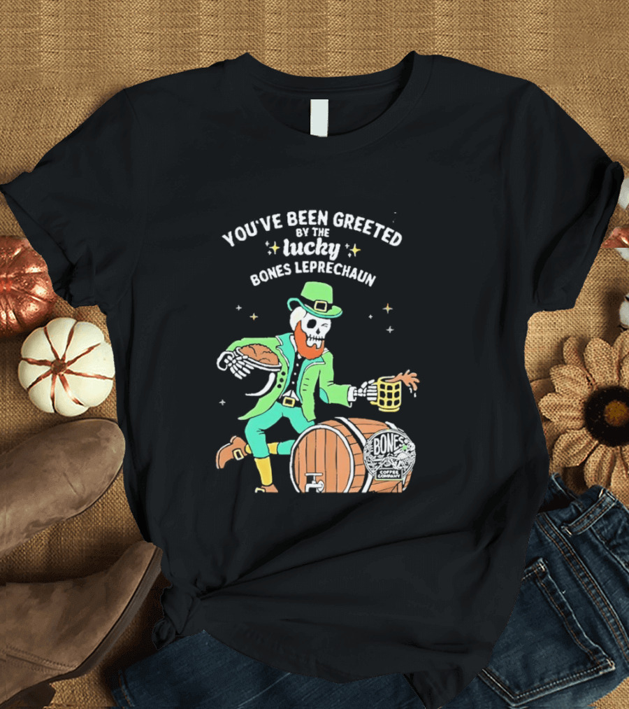 Lucky Bones Leprechaun With Beer And Barrel Celebration T-Shirt