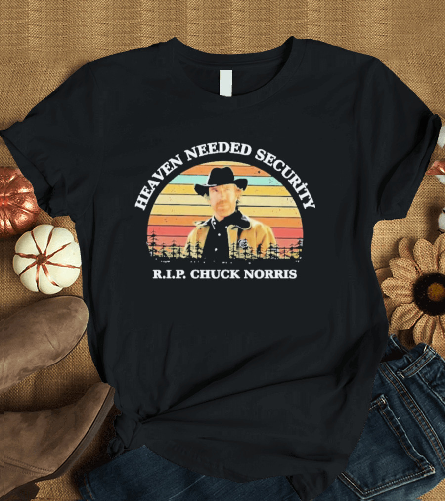 Heaven Needed Security R.I.P. Chuck Norris Vintage Cowboy Sunset T-Shirt