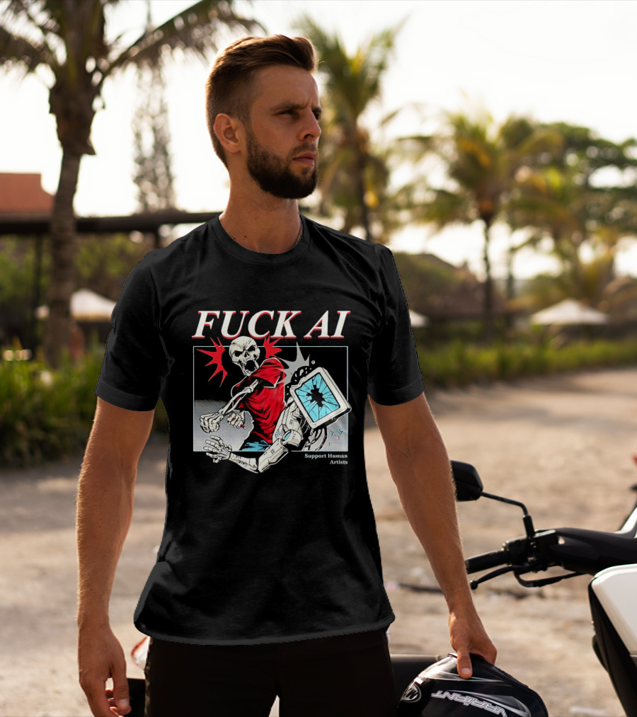 Skeleton Punch Robot Fuck AI Support Human Artists T-Shirt