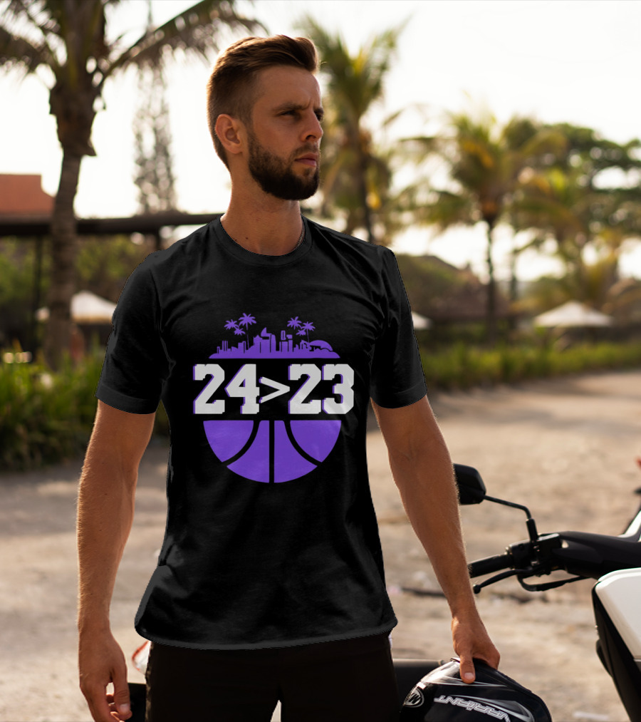 24 Is Greater Than 23 Basketball Los Angeles Skyline T-Shirt