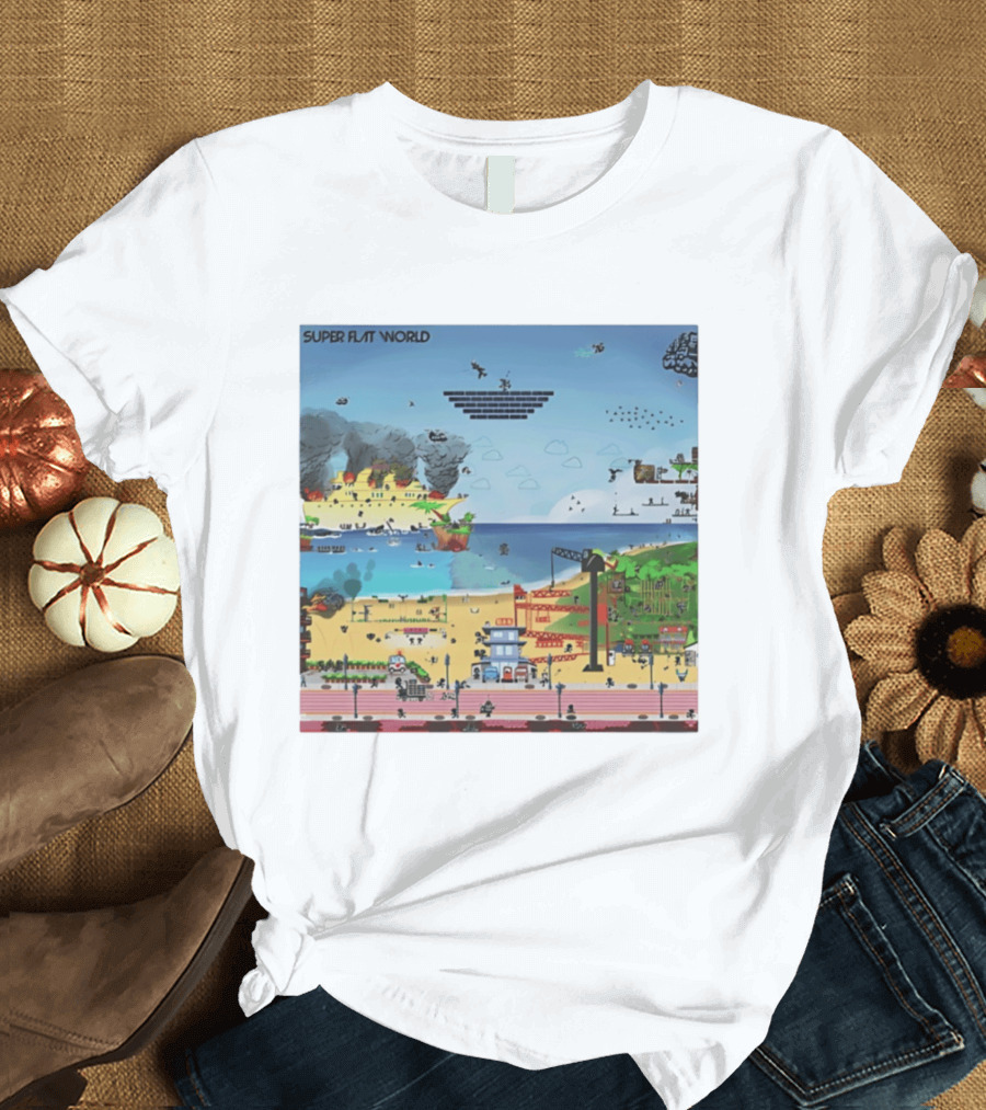 Super Flat World Cartoon Pixel Art Adventure Beach Cityscape Fantasy T-Shirt