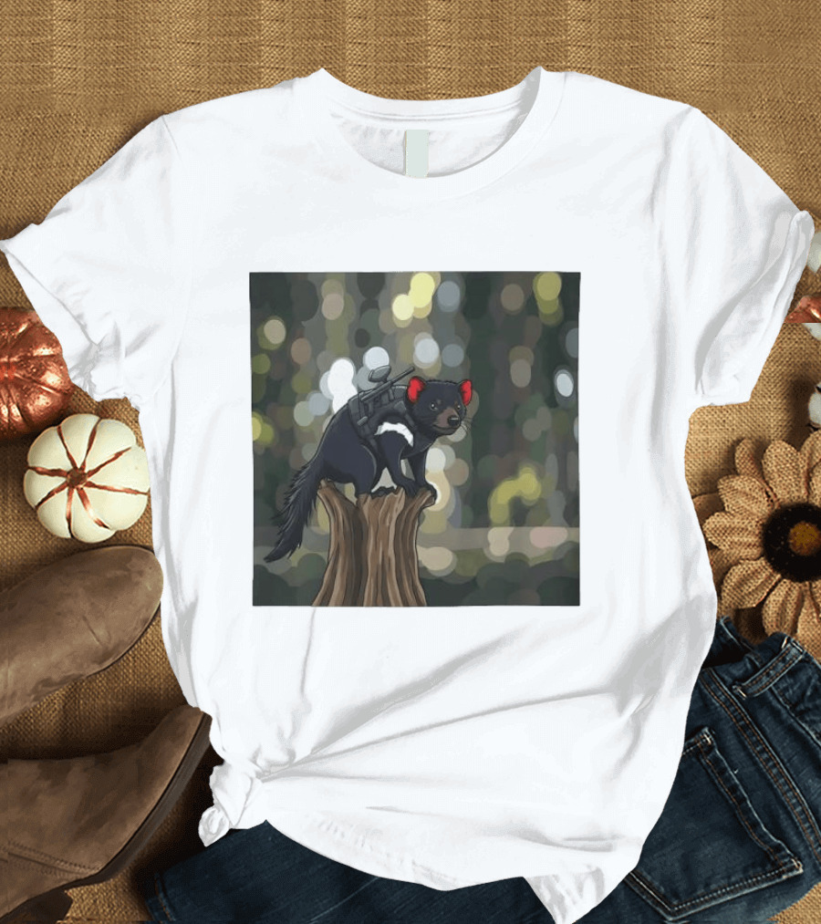 Tasmanian Devil With Machine Gun Cartoon On Tree Stump T-Shirt